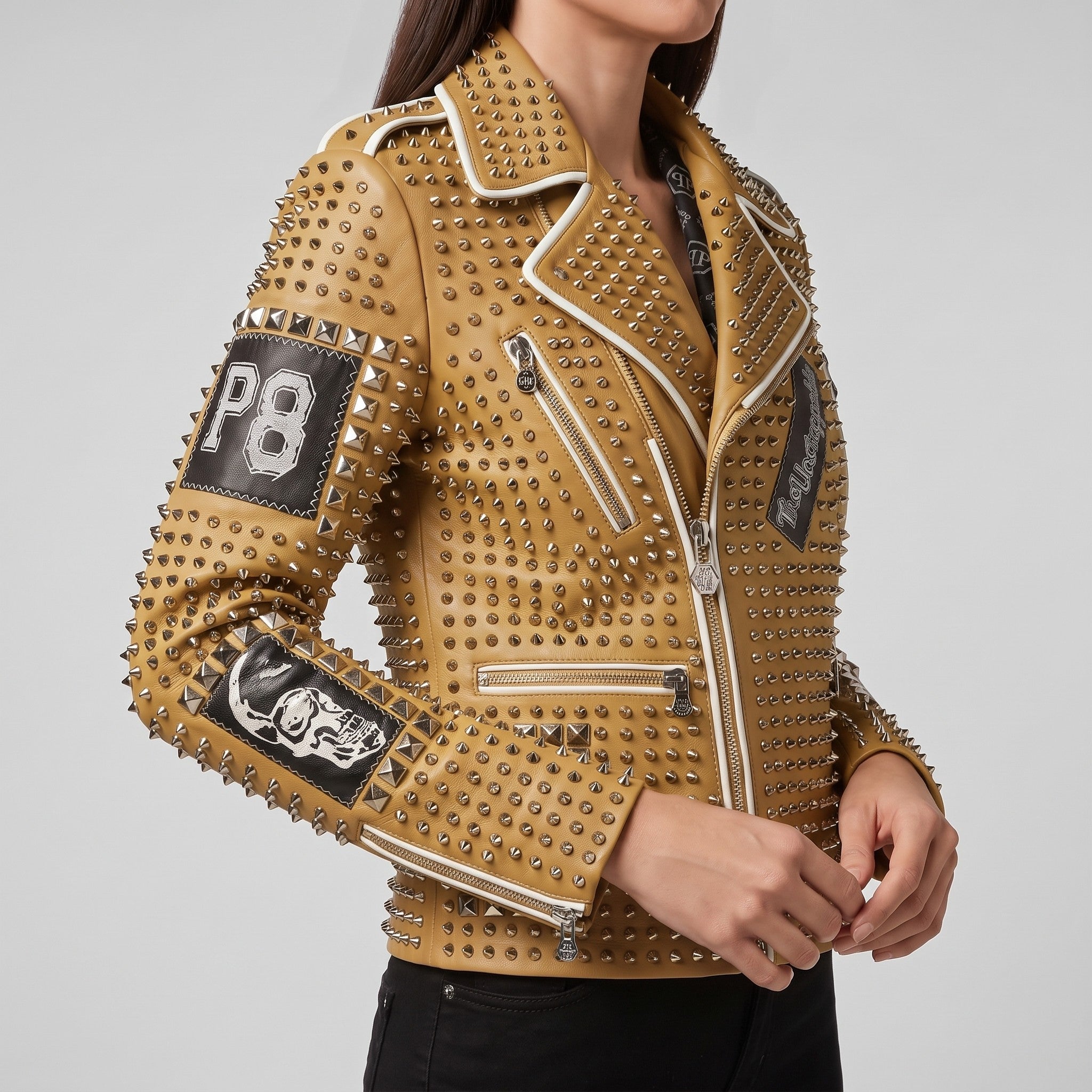 Women's Tan Studded Leather Biker Jacket — Ponsonby