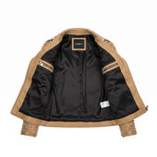 Women's Tan Studded Leather Biker Jacket — Ponsonby