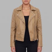 Women's Tan Studded Leather Biker Jacket — Hammersley