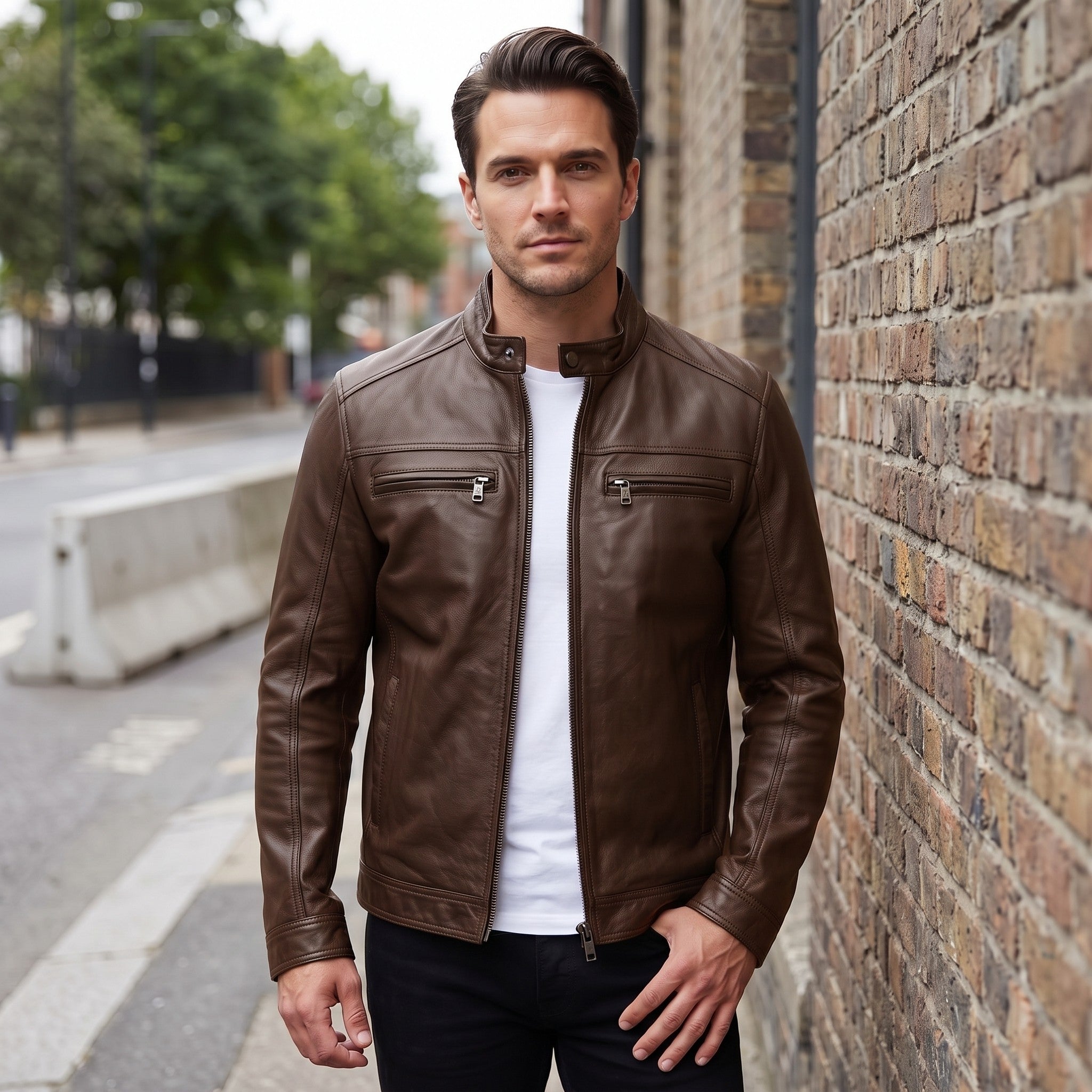Men's Brown Leather Biker Jacket — Clavell
