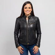 Women's Black Leather Cafe Racer Jacket — Stubbington