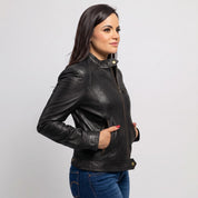 Women's Black Leather Cafe Racer Jacket — Stubbington