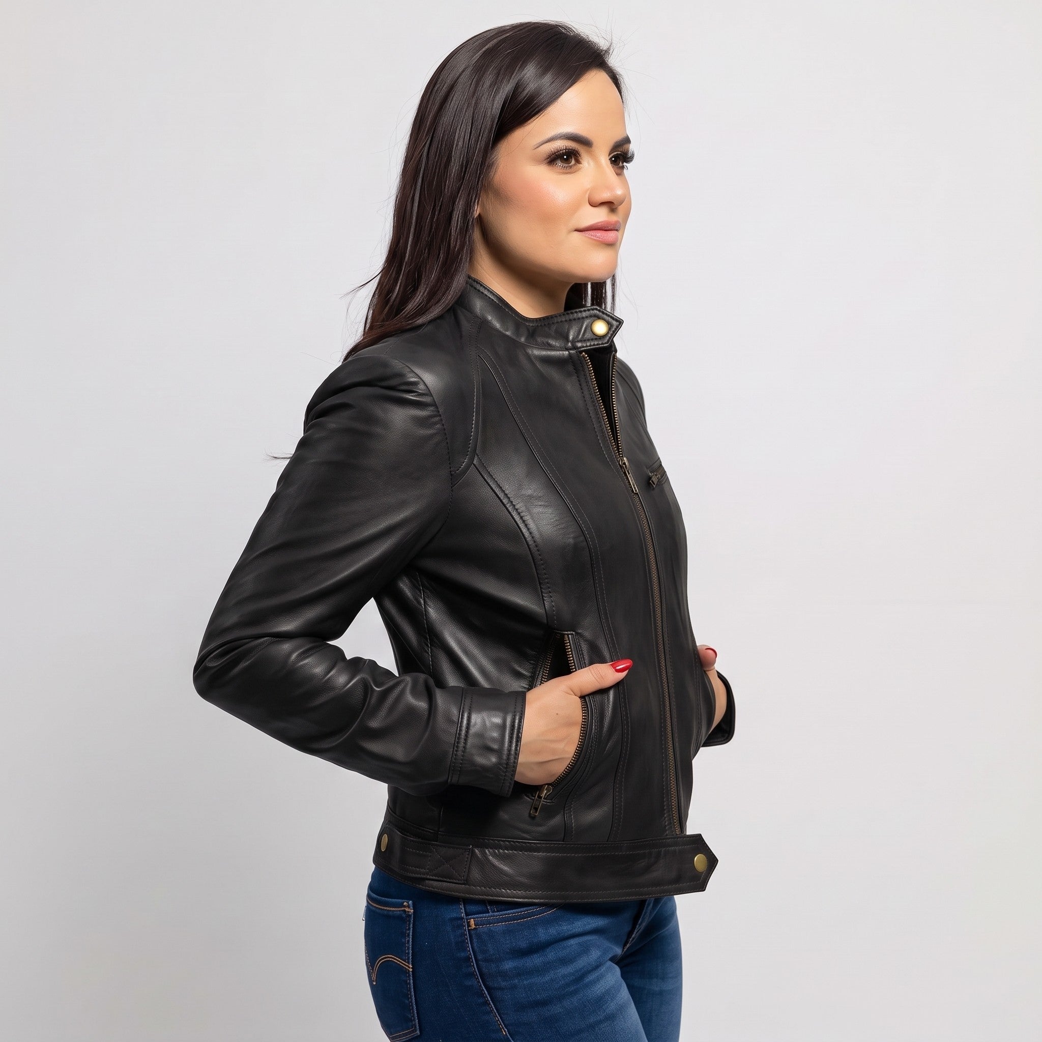 Women's Black Leather Cafe Racer Jacket — Stubbington