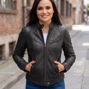 Women's Black Leather Cafe Racer Jacket — Stubbington