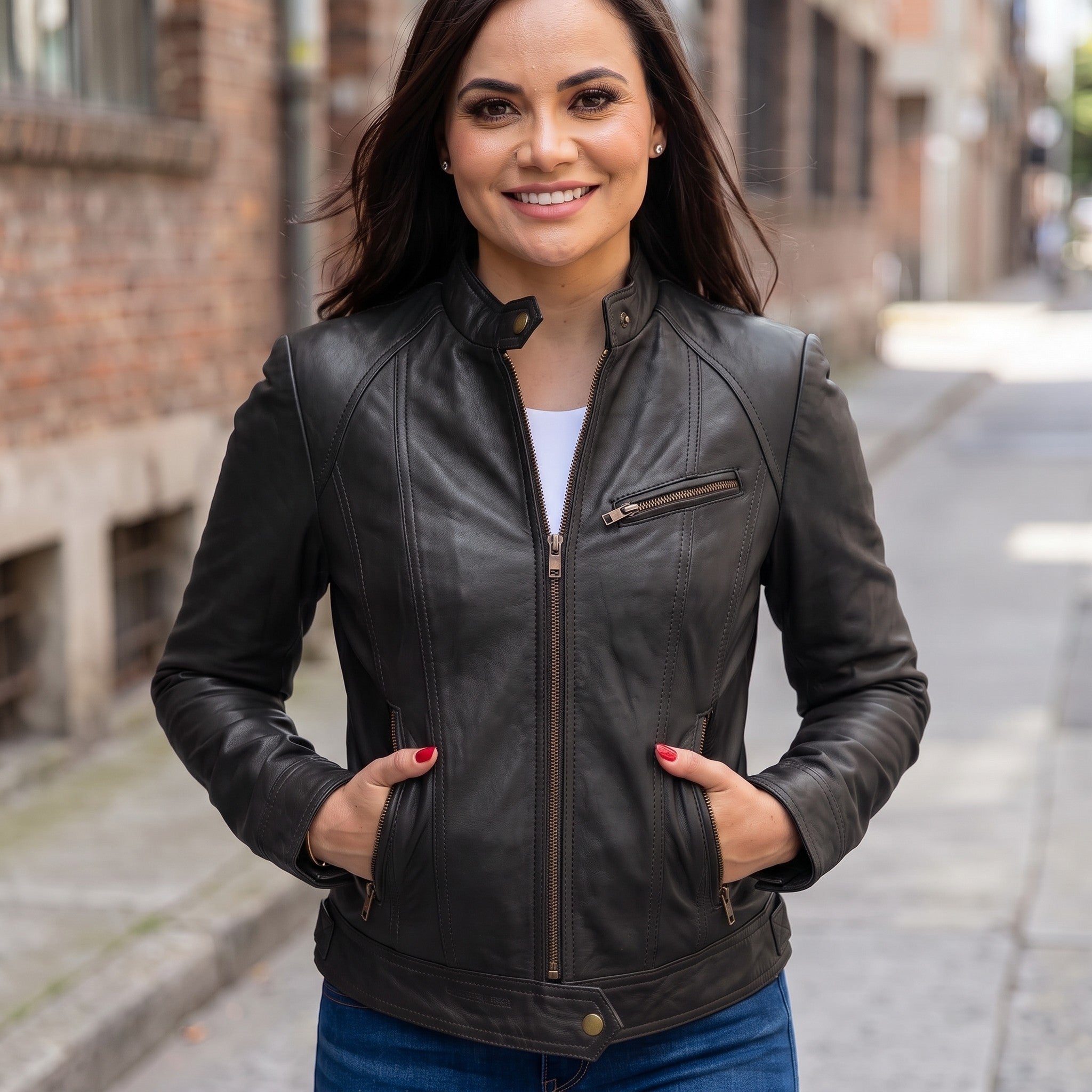 Women's Black Leather Cafe Racer Jacket — Stubbington
