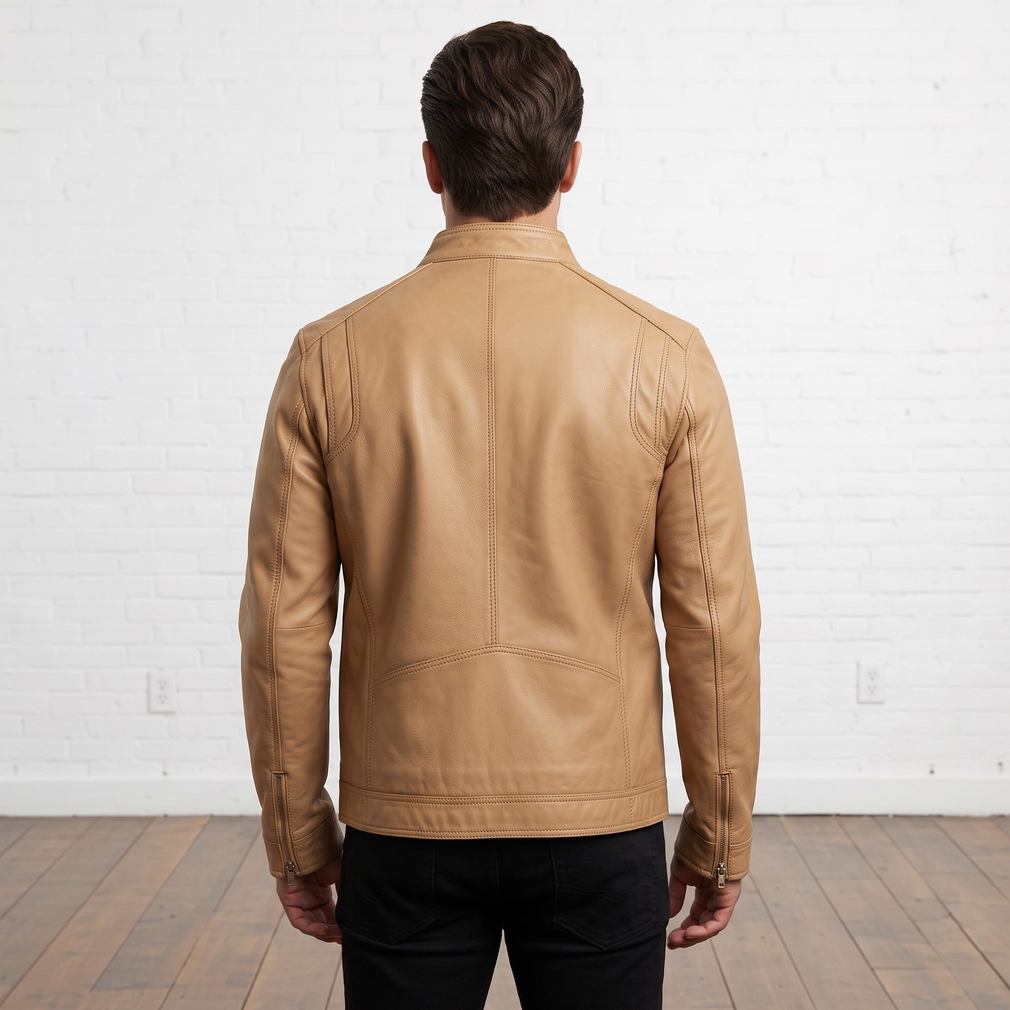 Men's Tan Leather Biker Jacket — Clavell