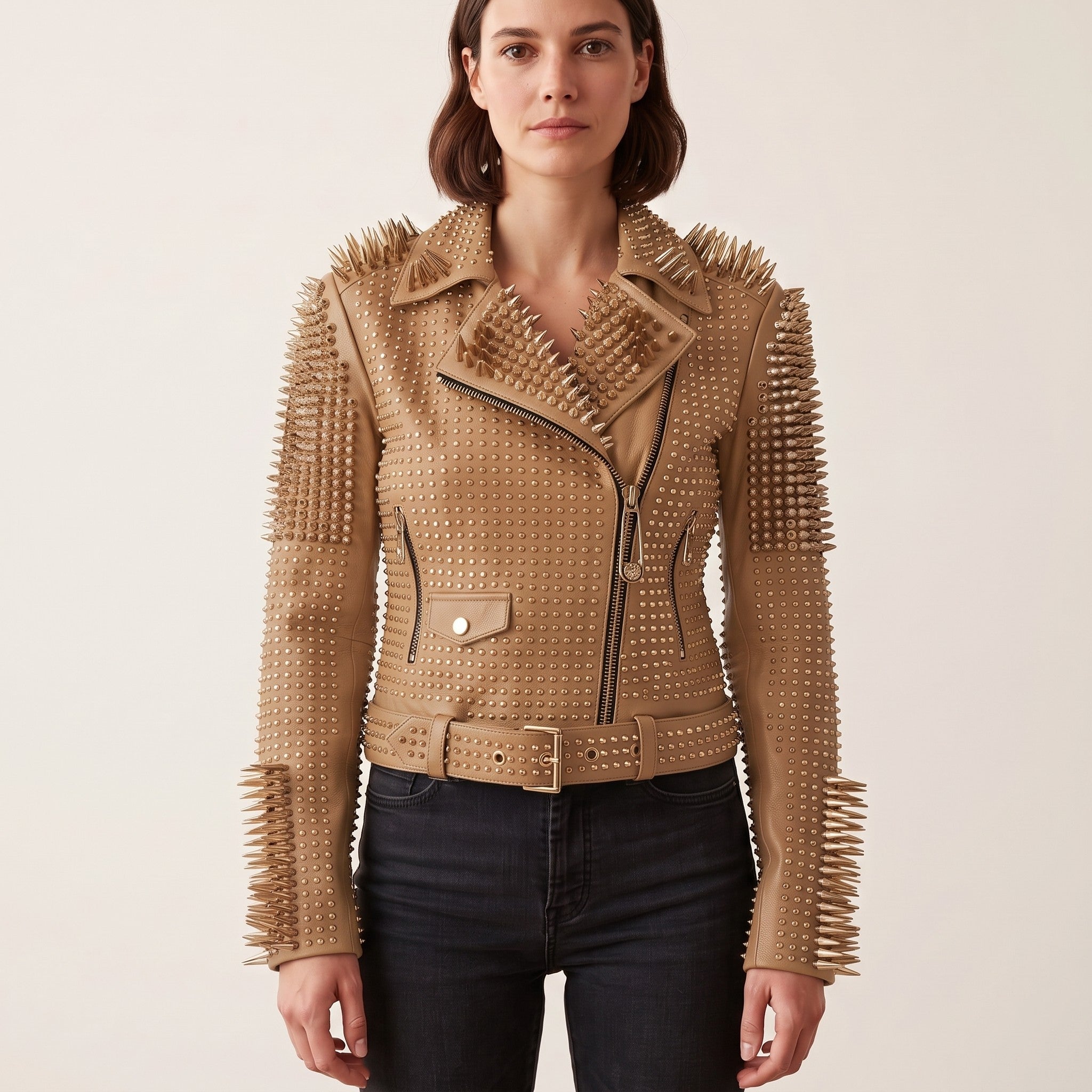 Women's Tan Studded Leather Biker Jacket — Lancaster