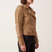 Women's Tan Studded Leather Biker Jacket — Lancaster