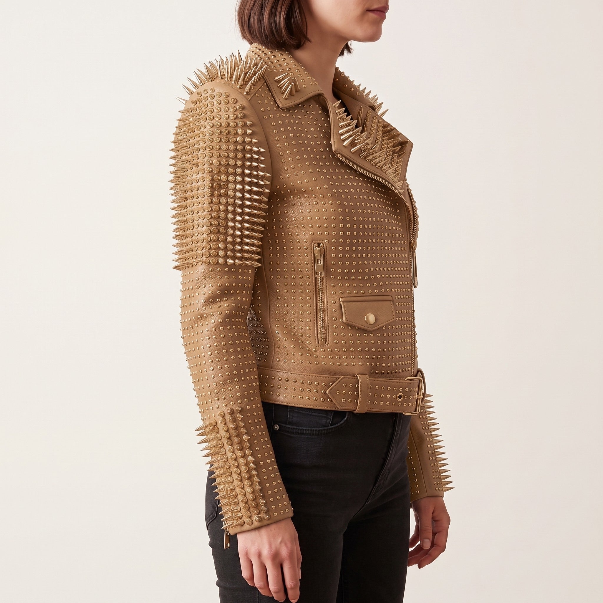Women's Tan Studded Leather Biker Jacket — Lancaster