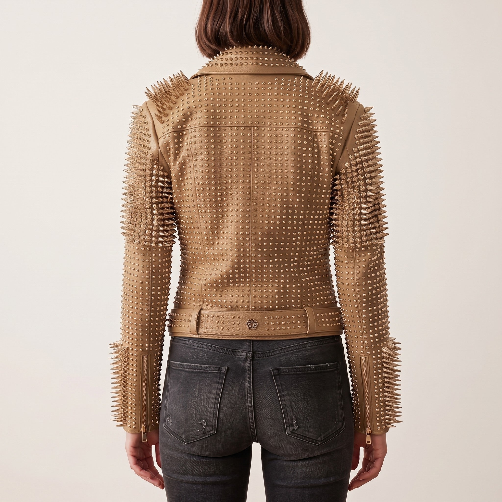 Women's Tan Studded Leather Biker Jacket — Lancaster