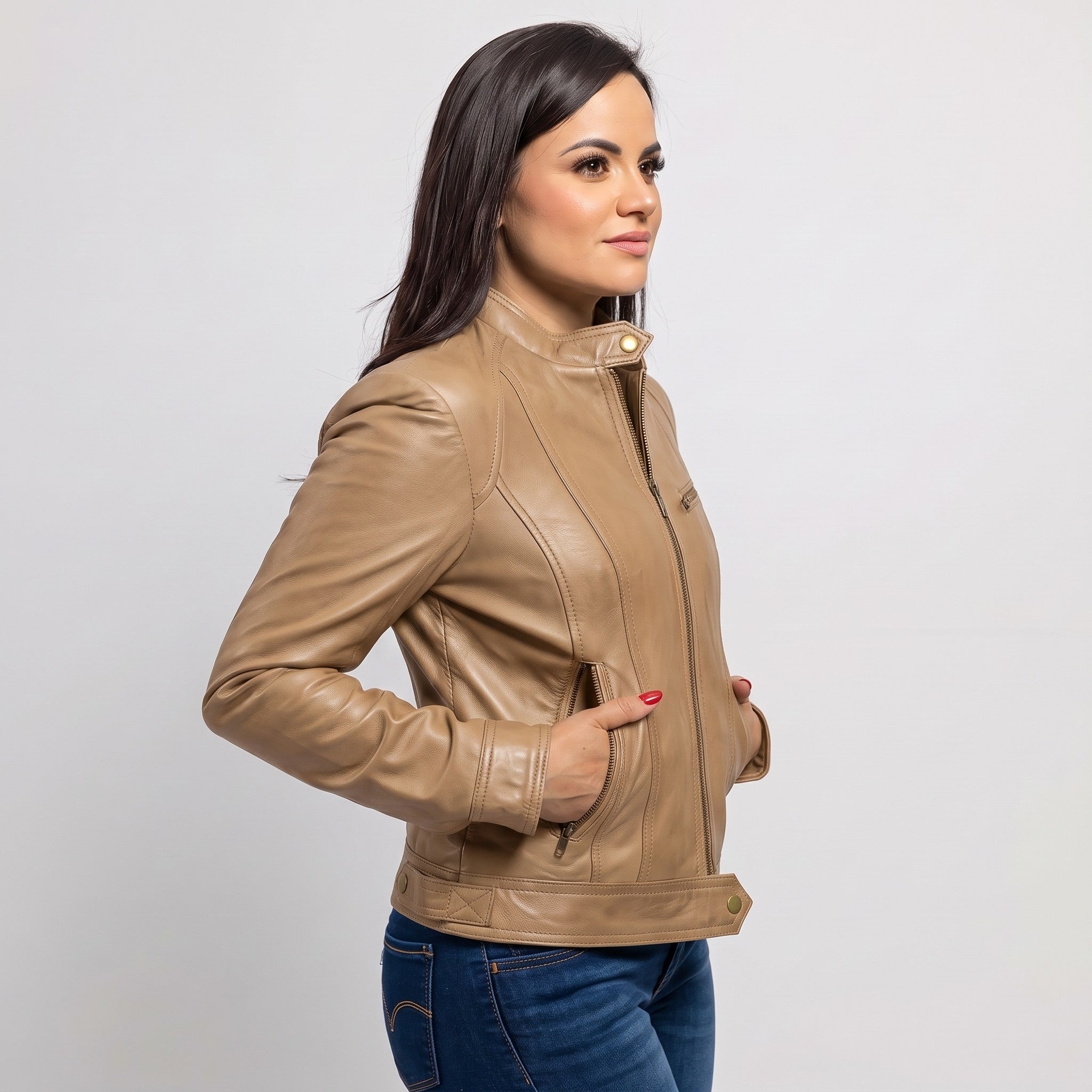 Women's Tan Leather Cafe Racer Jacket — Stubbington