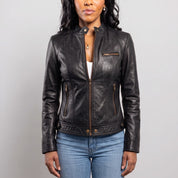Women's Black Leather Cafe Racer Jacket — Berrick