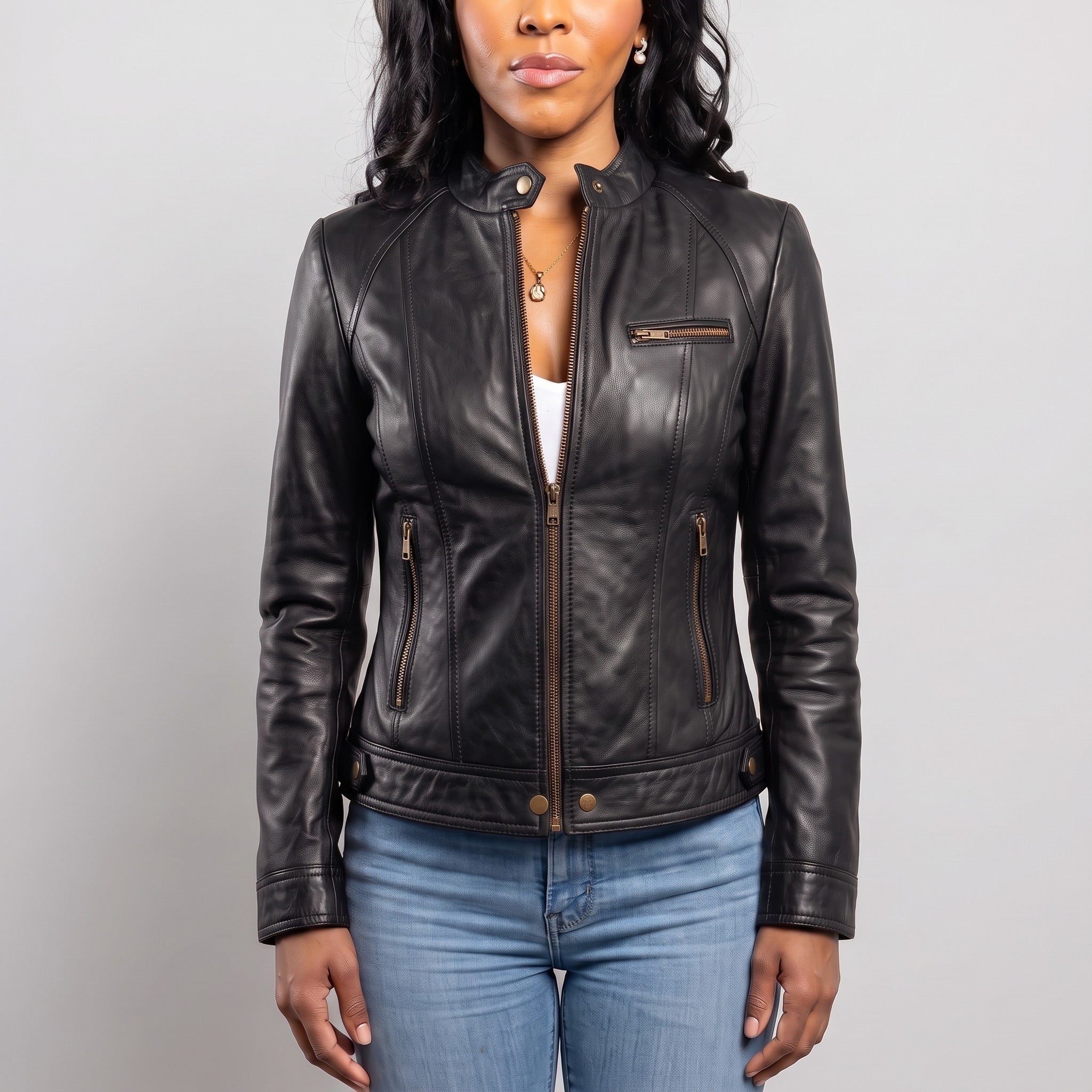 Women's Black Leather Cafe Racer Jacket — Berrick