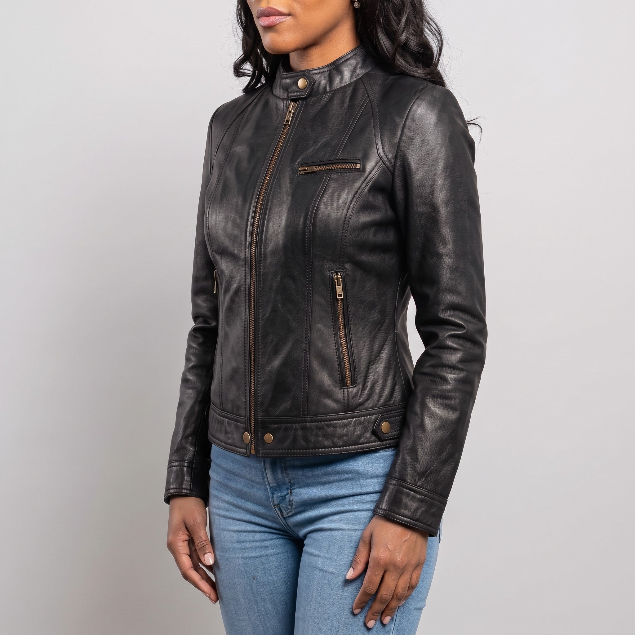 Women's Black Leather Cafe Racer Jacket — Berrick