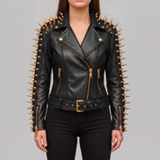 Women's Black Leather Biker Jacket — Acley