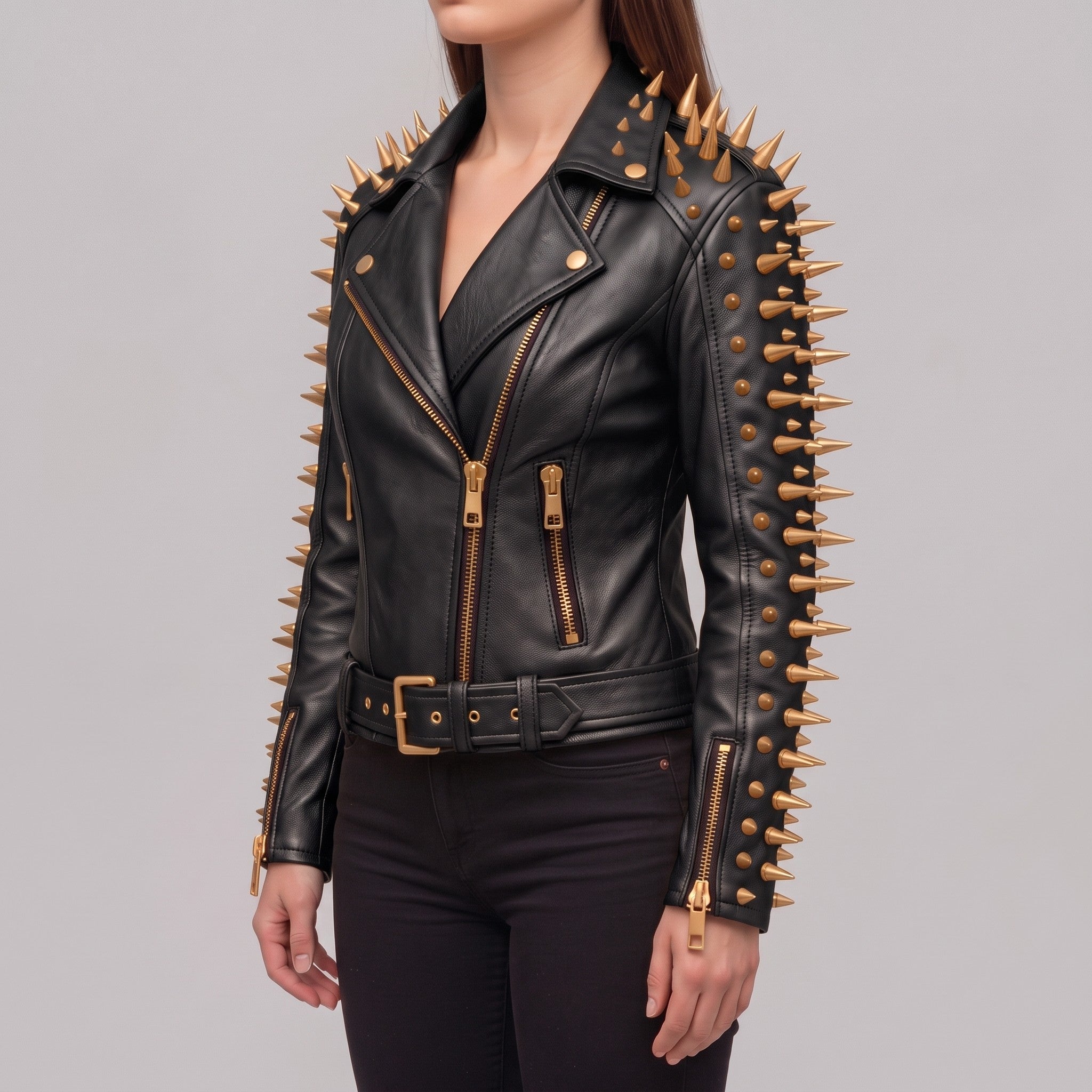 Women's Black Leather Biker Jacket — Acley