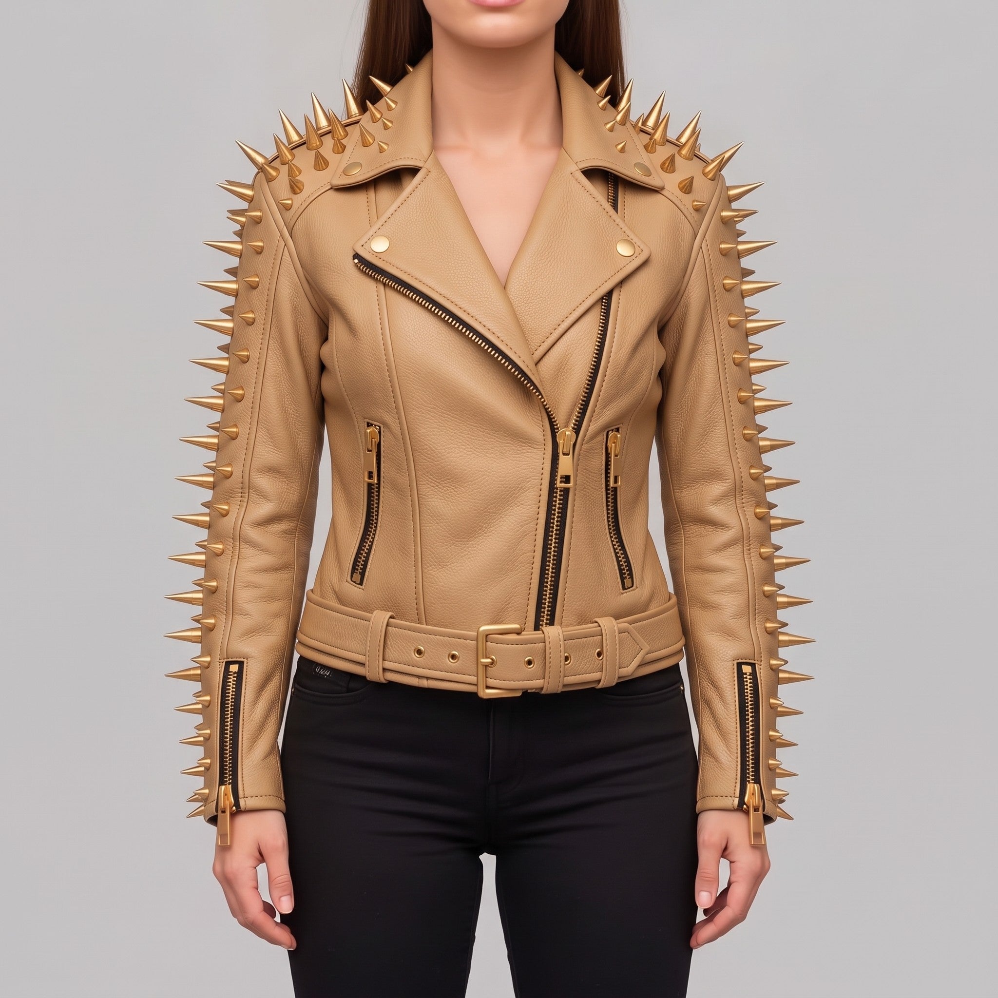 Women's Tan Leather Biker Jacket — Acley