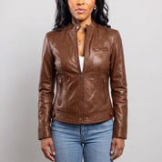 Women's Brown Leather Cafe Racer Jacket — Berrick