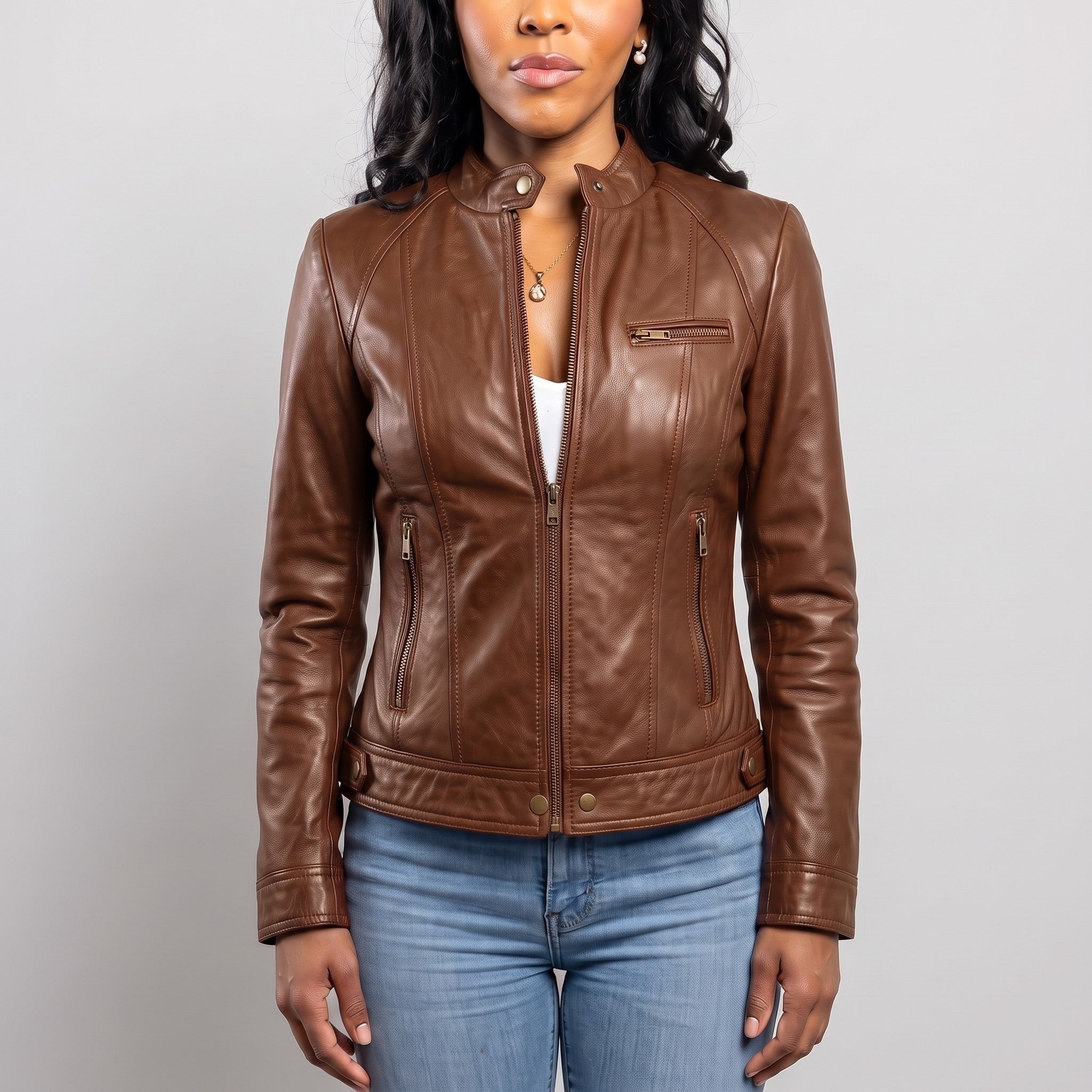 Women's Brown Leather Cafe Racer Jacket — Berrick