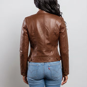 Women's Brown Leather Cafe Racer Jacket — Berrick