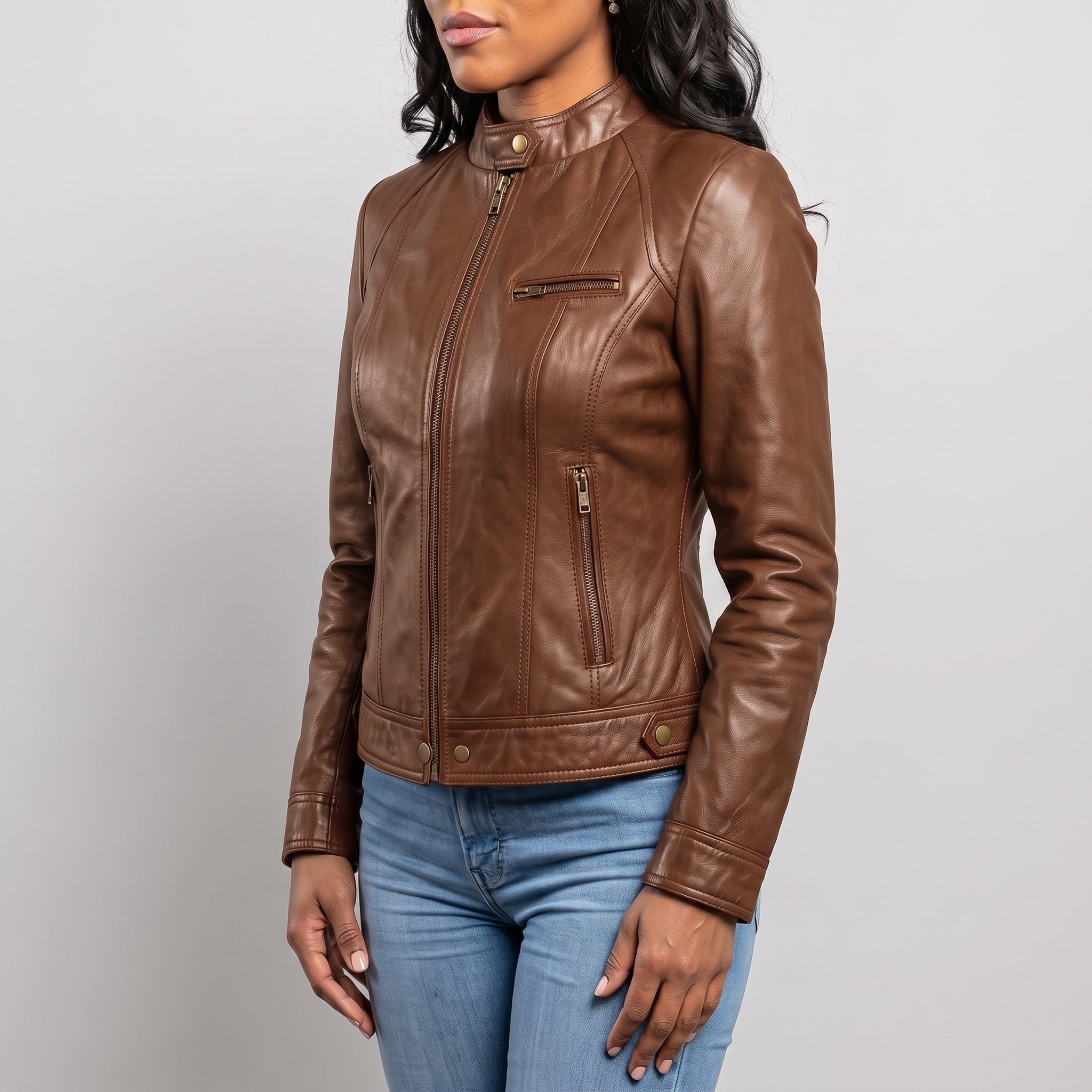 Women's Brown Leather Cafe Racer Jacket — Berrick
