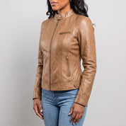Women's Tan Leather Cafe Racer Jacket — Berrick