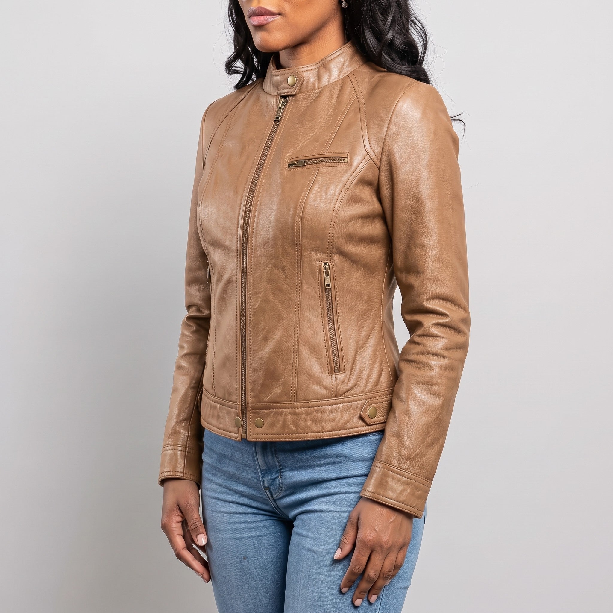 Women's Tan Leather Cafe Racer Jacket — Berrick