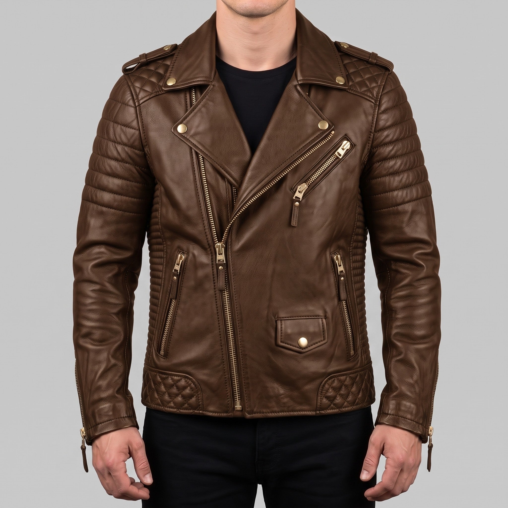 Men's Brown Quilted Leather Biker Jacket — Turberville