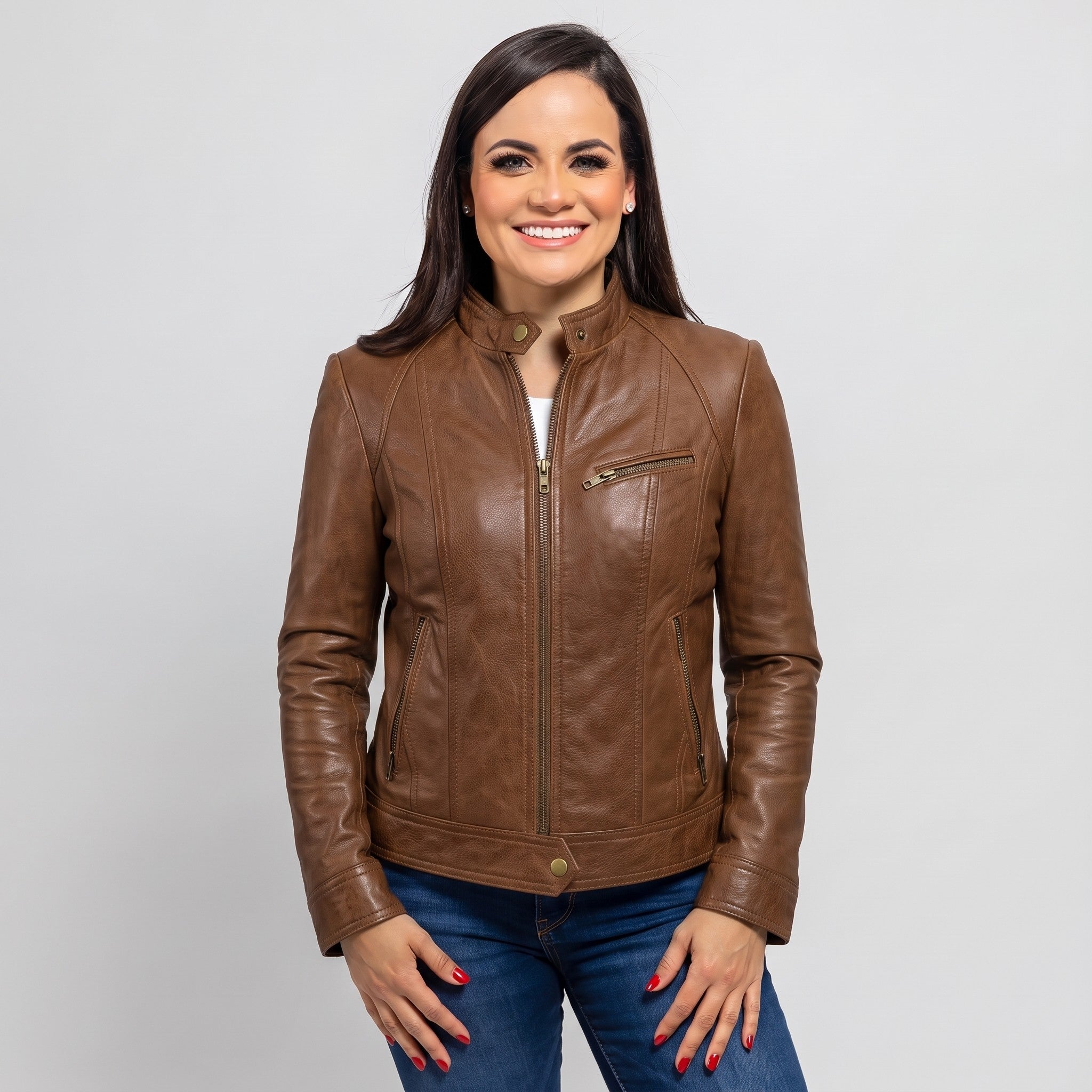 Women's Brown Leather Cafe Racer Jacket — Stubbington