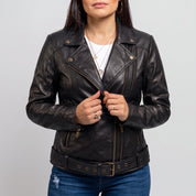 Women's Black Asymmetric Zip Leather Biker Jacket — Braidwood