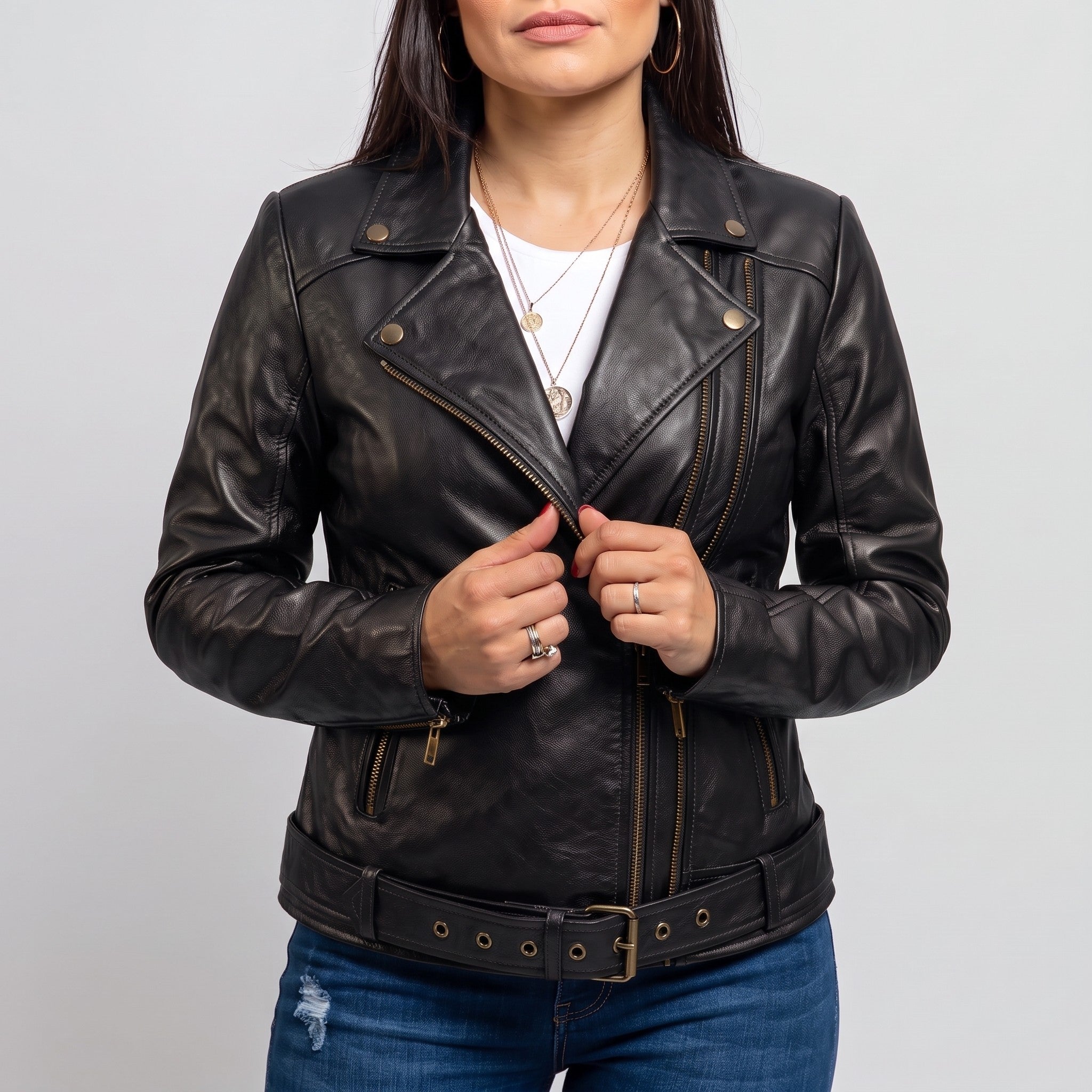 Women's Black Asymmetric Zip Leather Biker Jacket — Braidwood