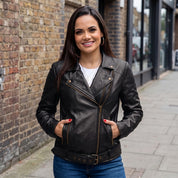 Women's Black Asymmetric Zip Leather Biker Jacket — Braidwood