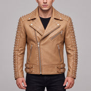 Men's Tan Studded Leather Biker Jacket — Acwood