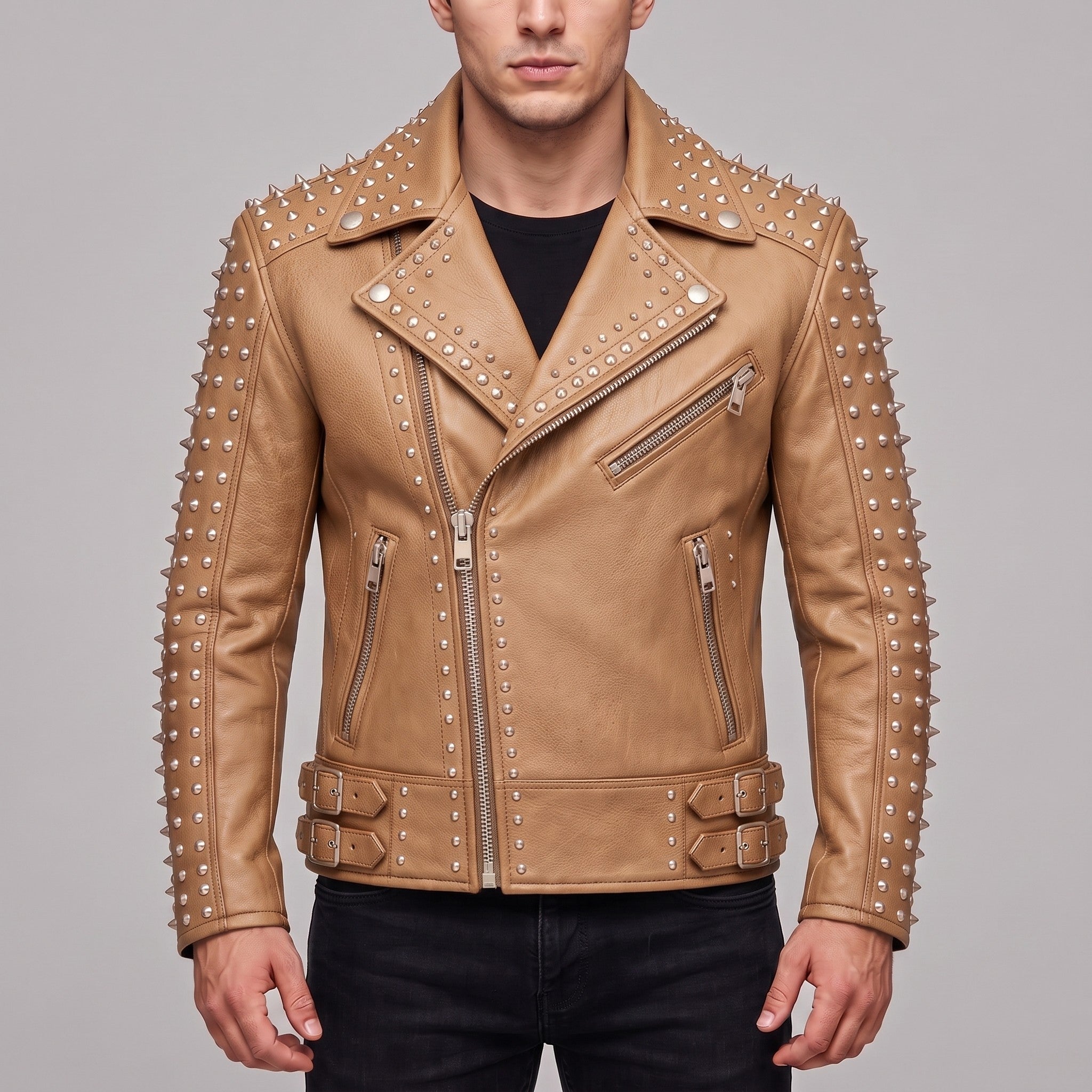 Men's Tan Studded Leather Biker Jacket — Acwood