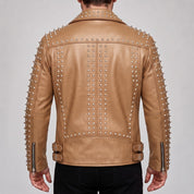 Men's Tan Studded Leather Biker Jacket — Acwood