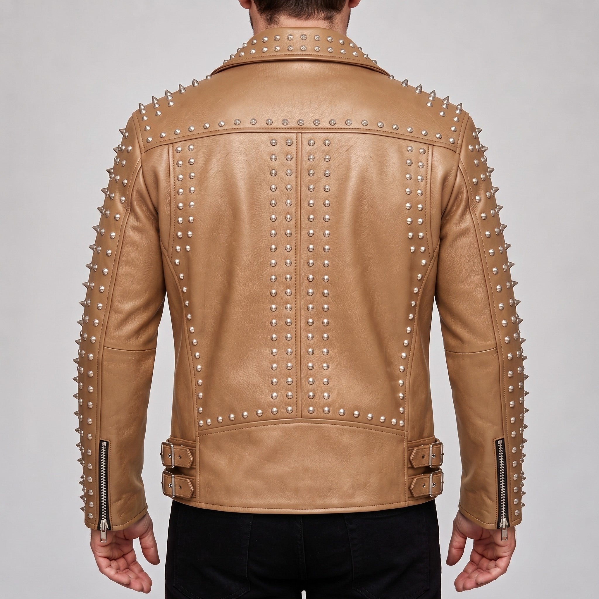 Men's Tan Studded Leather Biker Jacket — Acwood