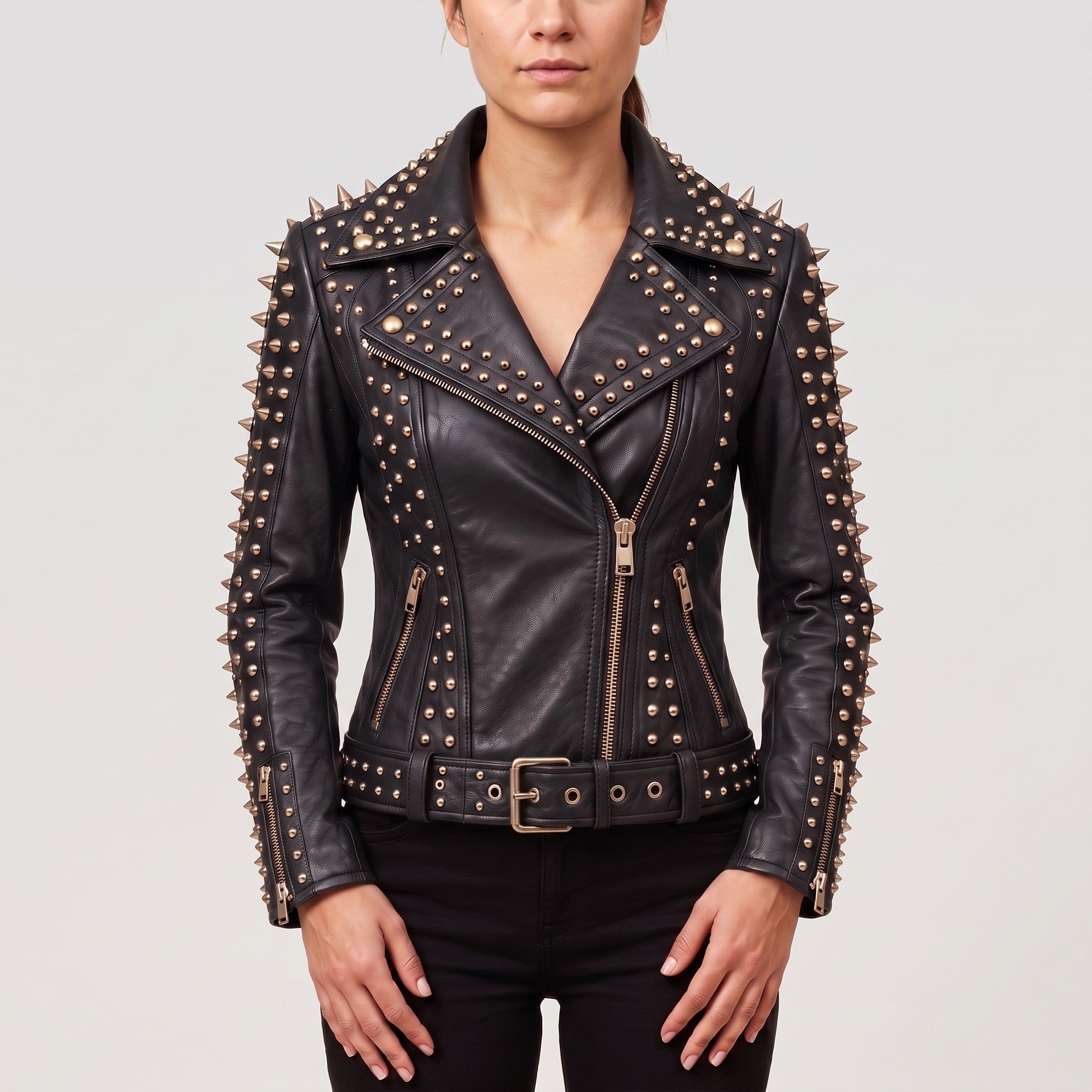 Women's Black Studded Leather Biker Jacket — Acreley