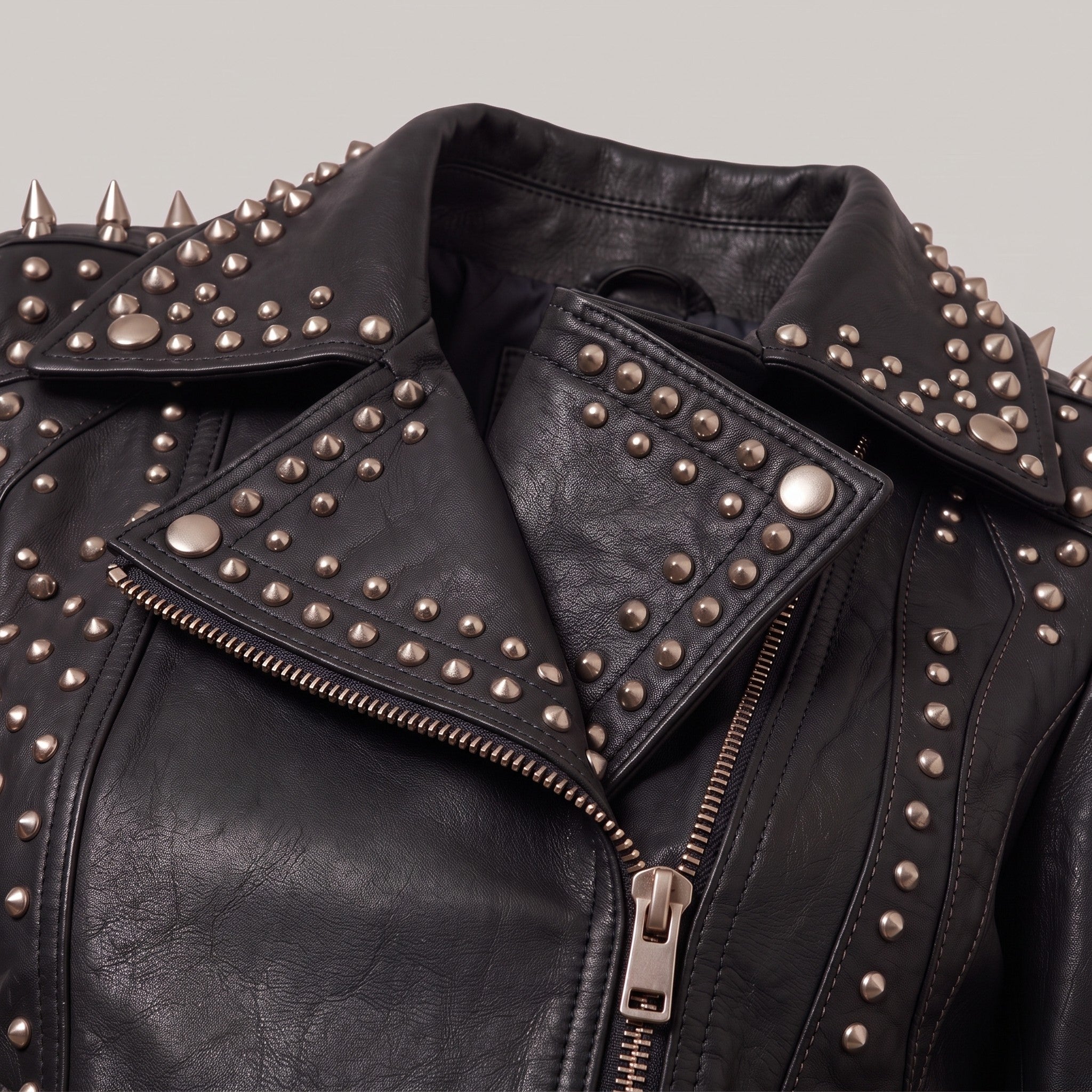 Women's Black Studded Leather Biker Jacket — Acreley