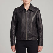 Women's Black Leather Shirt Collar Jacket — Osborn