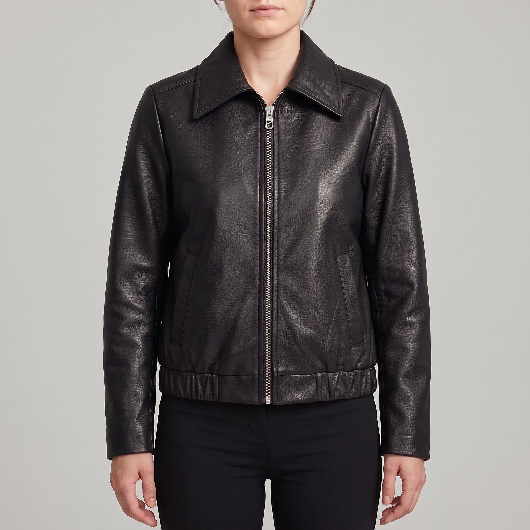 Women's Black Leather Shirt Collar Jacket — Osborn