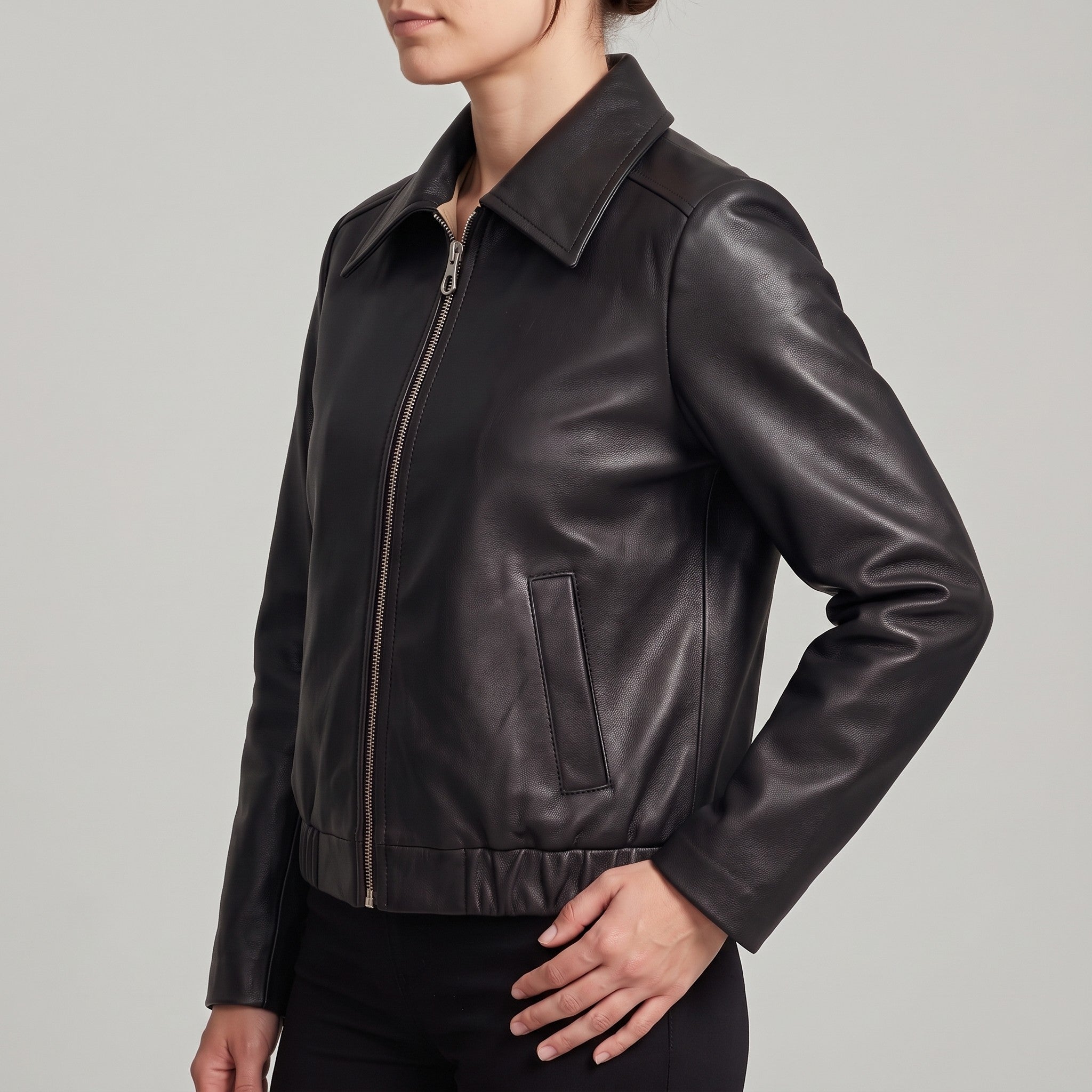 Women's Black Leather Shirt Collar Jacket — Osborn