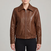 Women's Brown Leather Shirt Collar Jacket — Osborn
