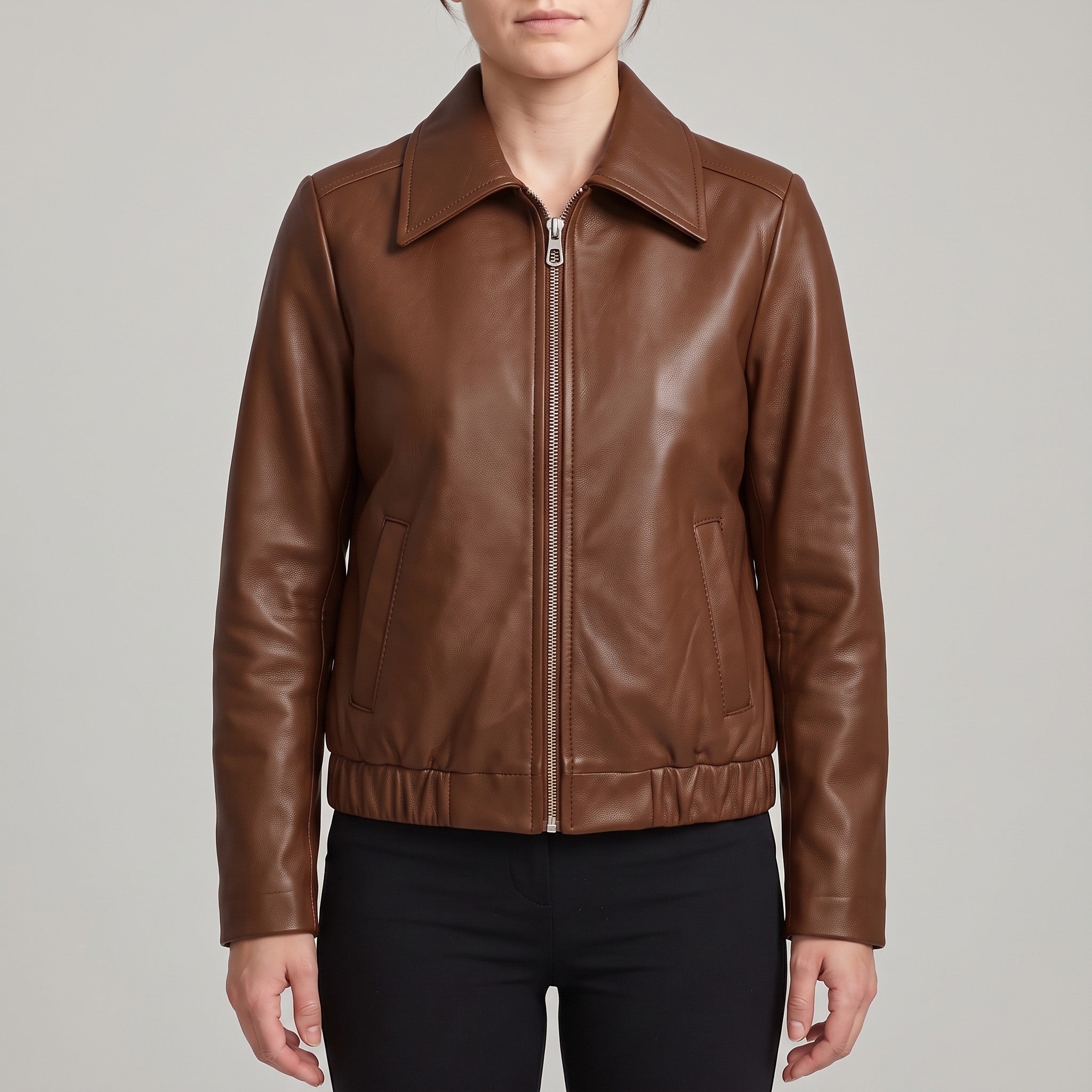 Women's Brown Leather Shirt Collar Jacket — Osborn