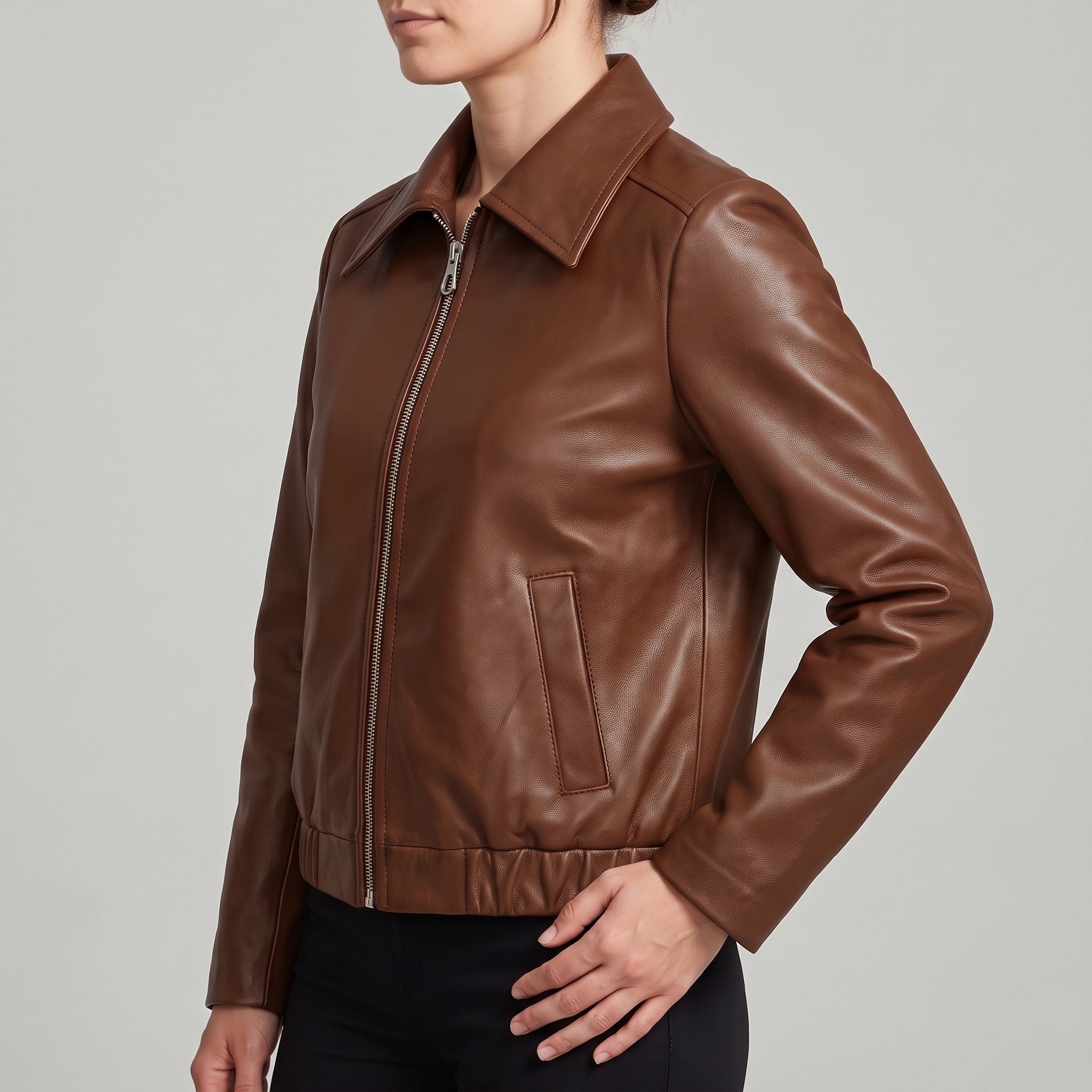 Women's Brown Leather Shirt Collar Jacket — Osborn