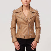 Women's Tan Studded Leather Biker Jacket — Acreley