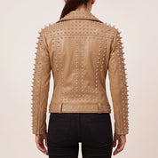 Women's Tan Studded Leather Biker Jacket — Acreley