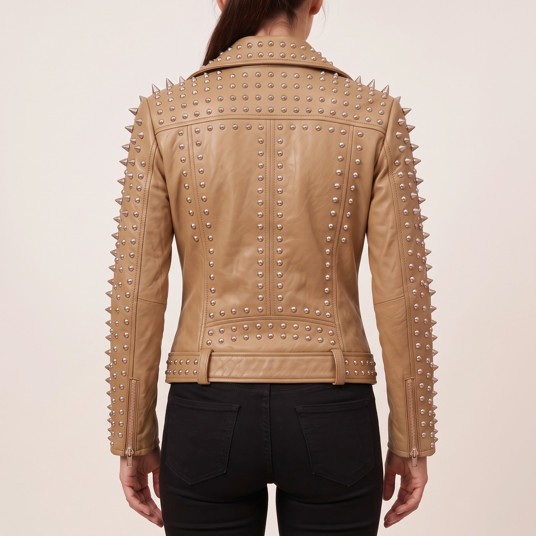 Women's Tan Studded Leather Biker Jacket — Acreley