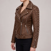 Women's Brown Studded Leather Biker Jacket — Acreley