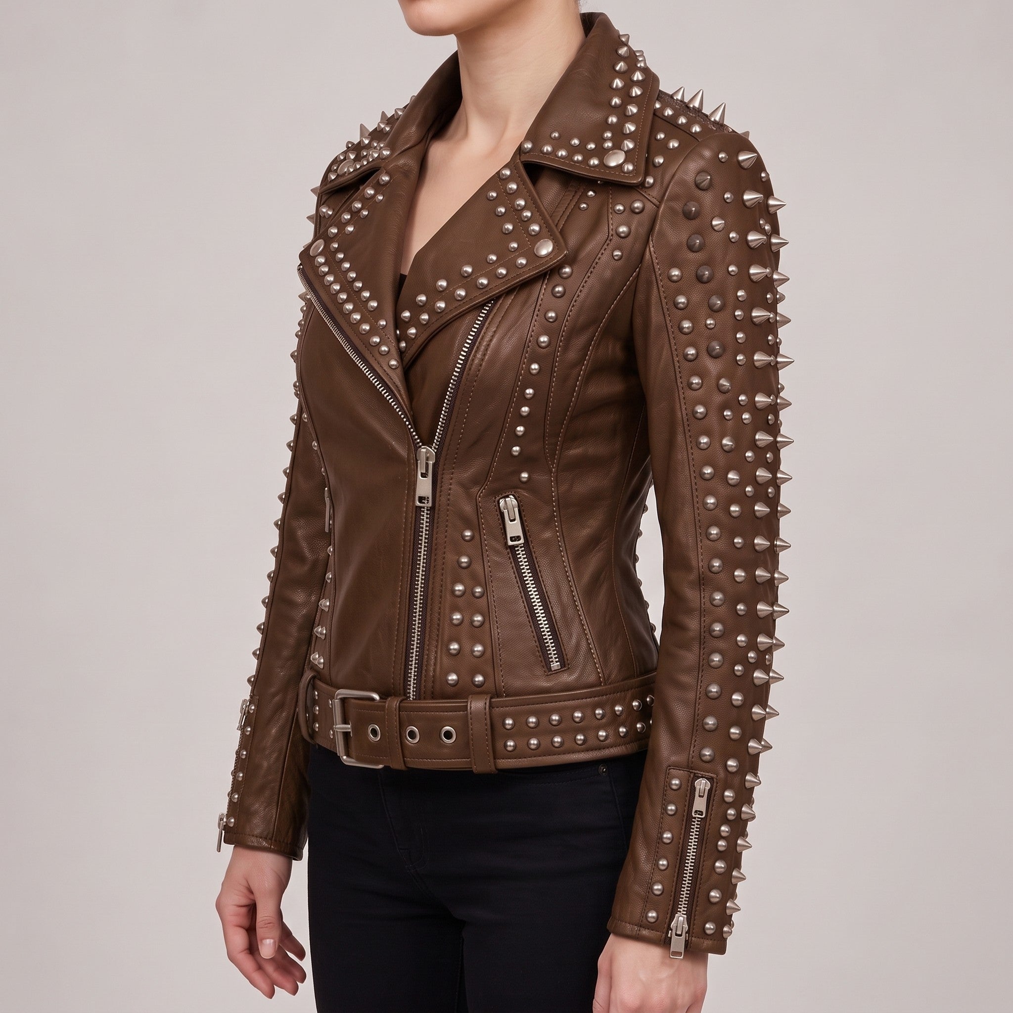 Women's Brown Studded Leather Biker Jacket — Acreley