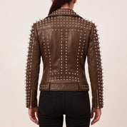 Women's Brown Studded Leather Biker Jacket — Acreley